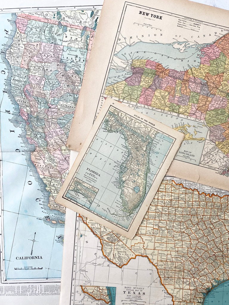 vintage maps of various states and countries